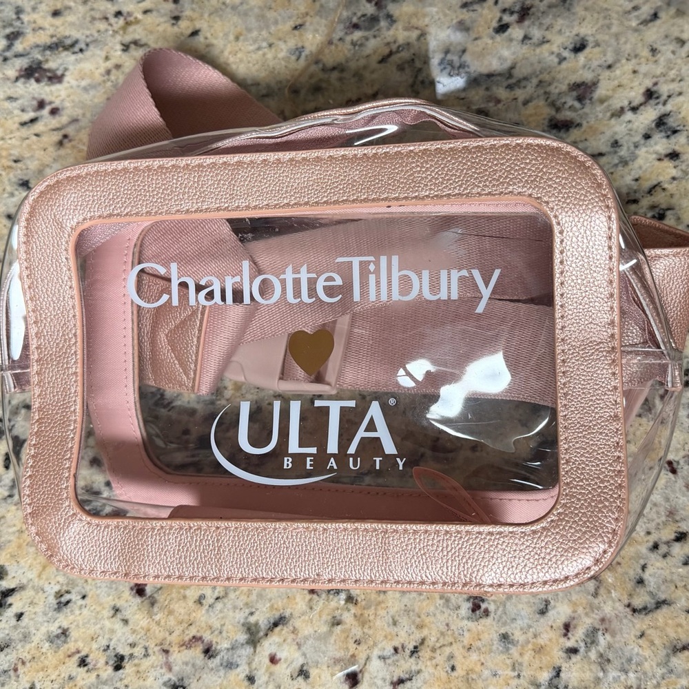 Charlotte Tilbury X ULTA Peach Satin Makeup Pouch with Golden Rose Zipper in EUC